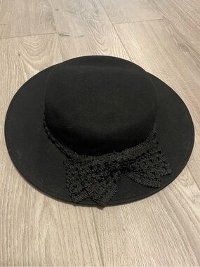 Bollman 100% Wool Felt Black Wide Brim Hat Lace Bow Fedora Brimmed Vintage Vtg
